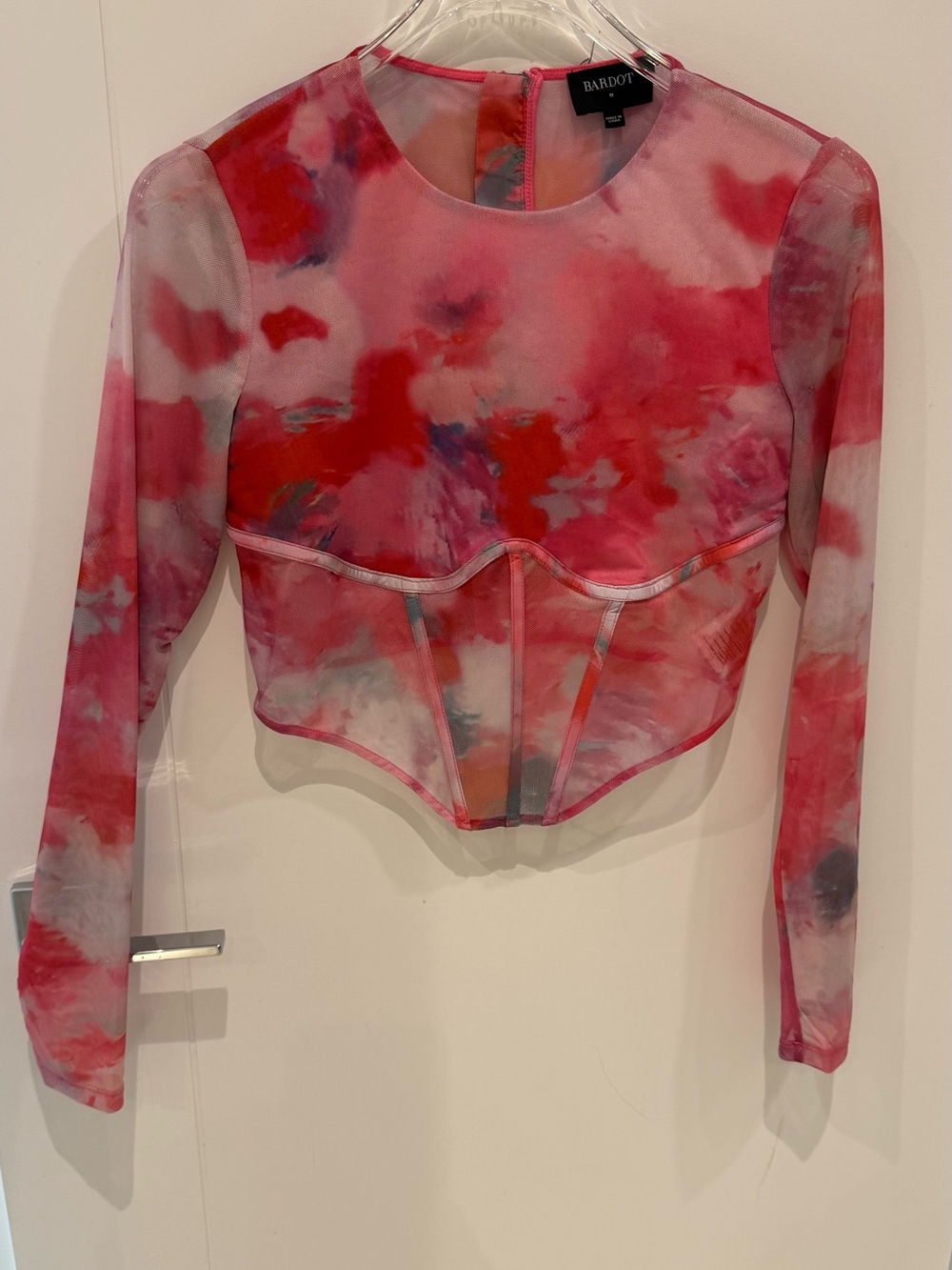Bardot Pink and Red Watercolor Mesh Corset Blouse